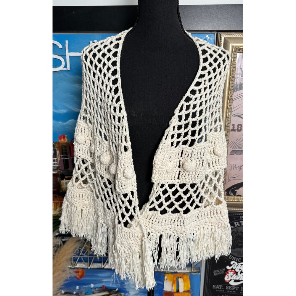 Vintage Handmade Crochet‎ Fringe Shawl Vest Cream Boho Bobble Knit One Size